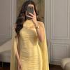 2026 Cross-border Foreign Trade Women's Long Dress Amazon Foreign Trade Round Neck Pleated Slim-fitting Streamer Dress Split-ended Long Dress