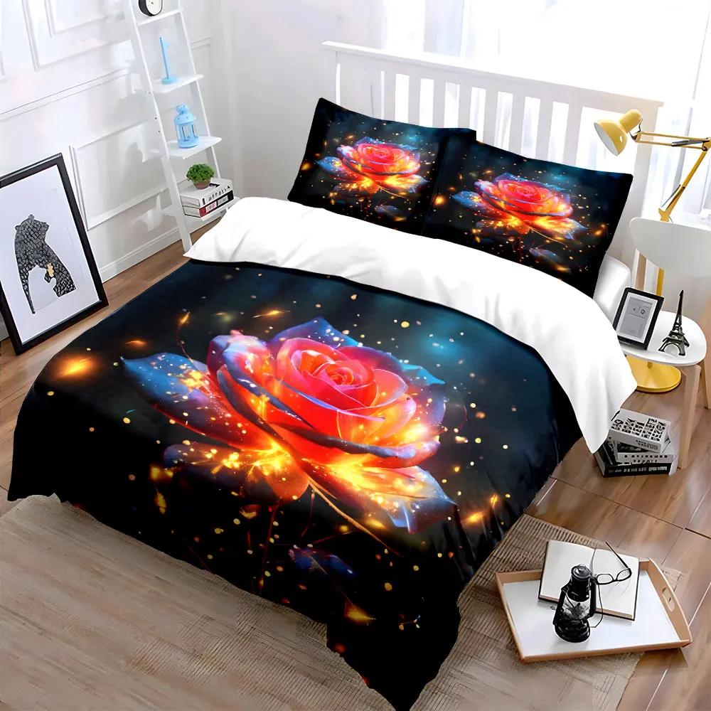 "Glowing Rose Decor Set" Soft Comfortable Duvet Cover Bedding Set Included 1*Duvet Cover & 2*Pillowcases, gift
