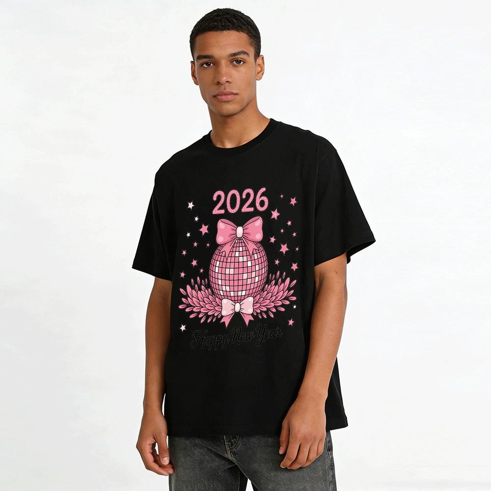 2026 Happy New Year Pink Disco Ball Bow Print Casual Top Pure cotton T-shirt
