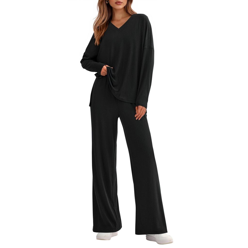 Fashionable Women's Two-Piece Cotton Casual V-Neck Long-Sleeved Loose Pants Set