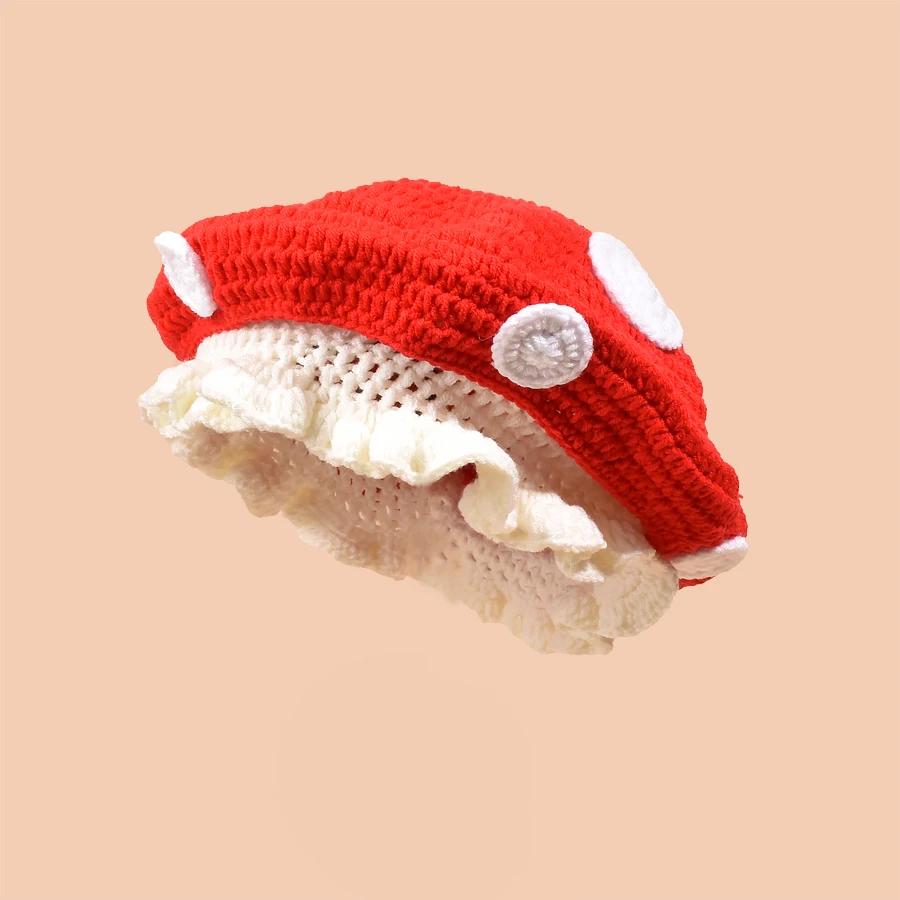 Niche Personality Hand Crocheted Women Mushroom Hat Autumn and Winter Cute Fun Decoration Warm Knitted Men Bucket Hats