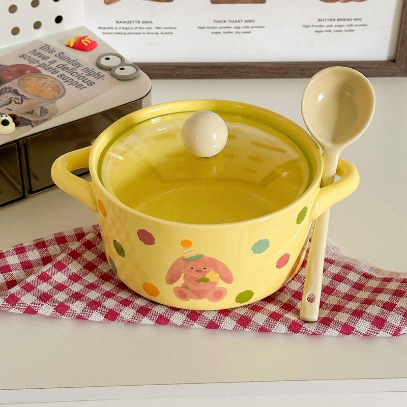 Cute Polka Dot Binaural Instant Noodle Bowl with Cover Student Dormitory Large Capacity Instant Noodle Bowl Personal Special Snail Powder Bowl