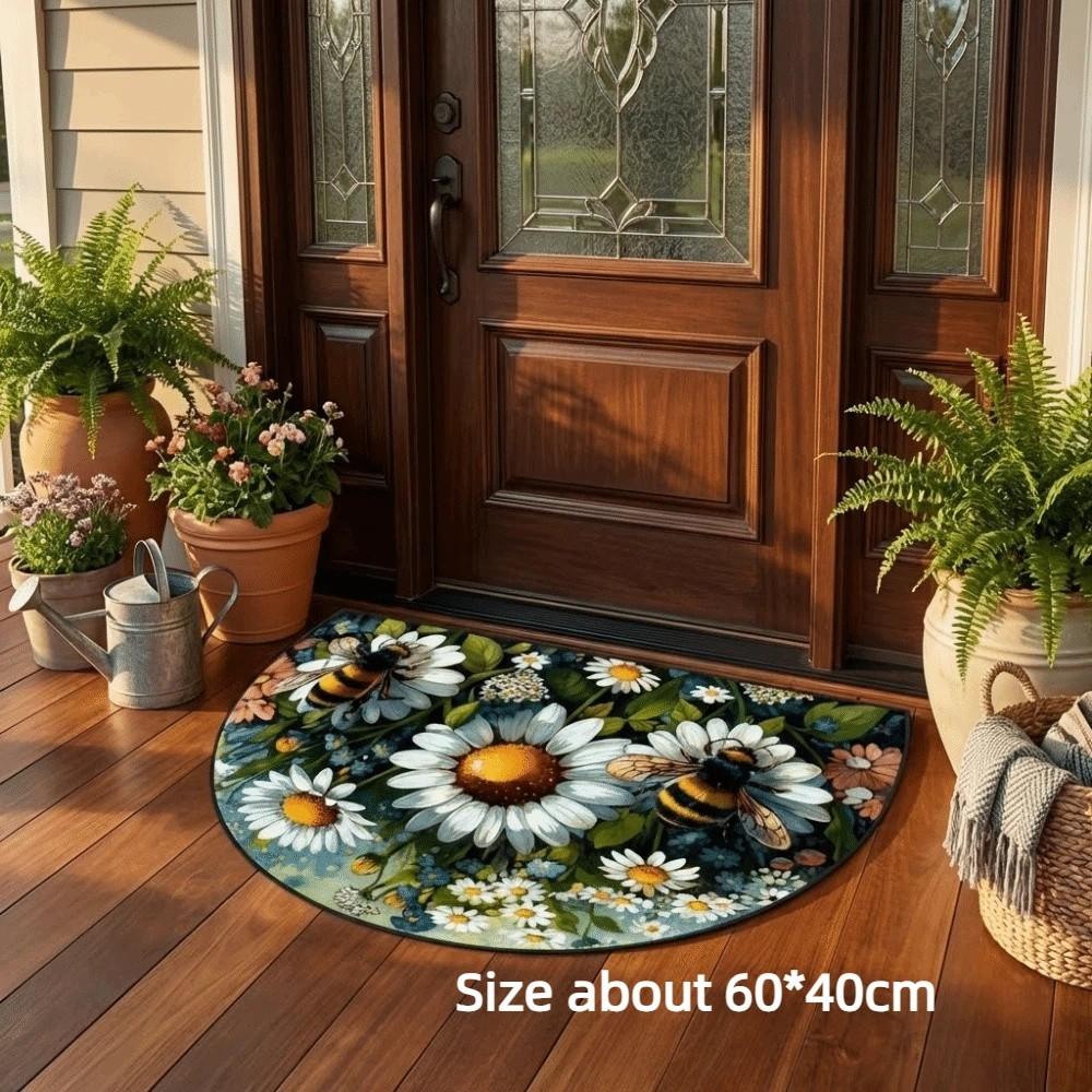 Thickened Non Slip Half Round Doormat Flower Floral Boho Door Mat Washable Absorbent Entrance Door Carpet Outdoor