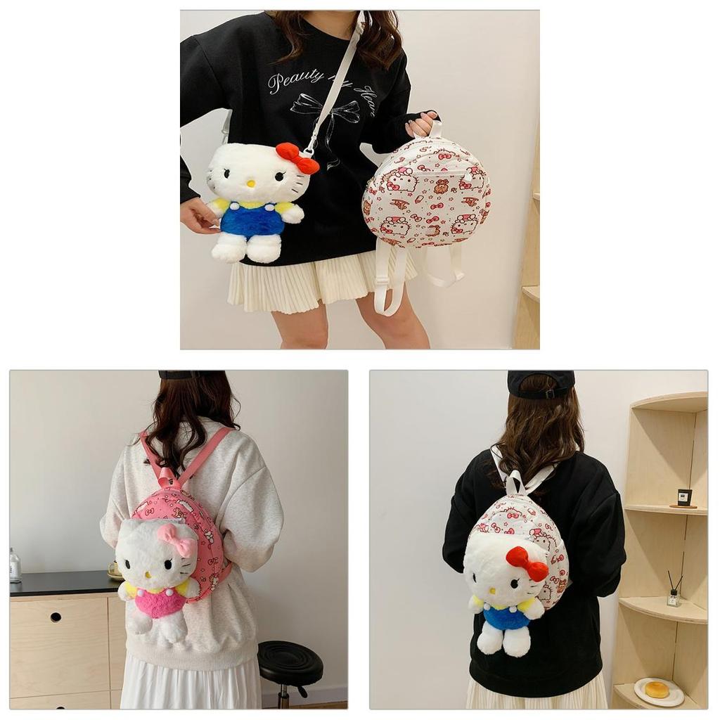 Hello Kitty Cat Plush Cartoon Backpack For Girls Casual Travel Soft Material