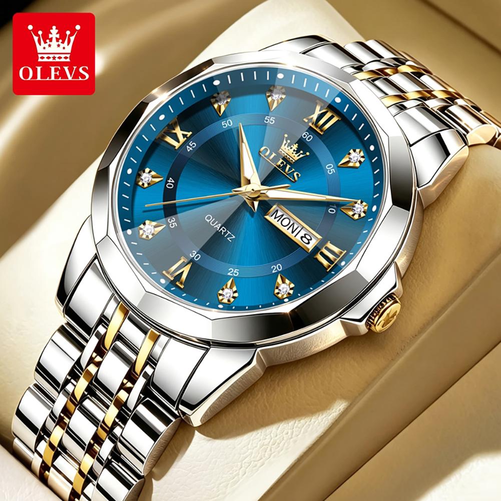 OLEVS Watch for Men Solid Steel Strap Fashion Rhombus Mirror Dual Calendar Business Men's Wristwatch Original Quartz Watch 3759
