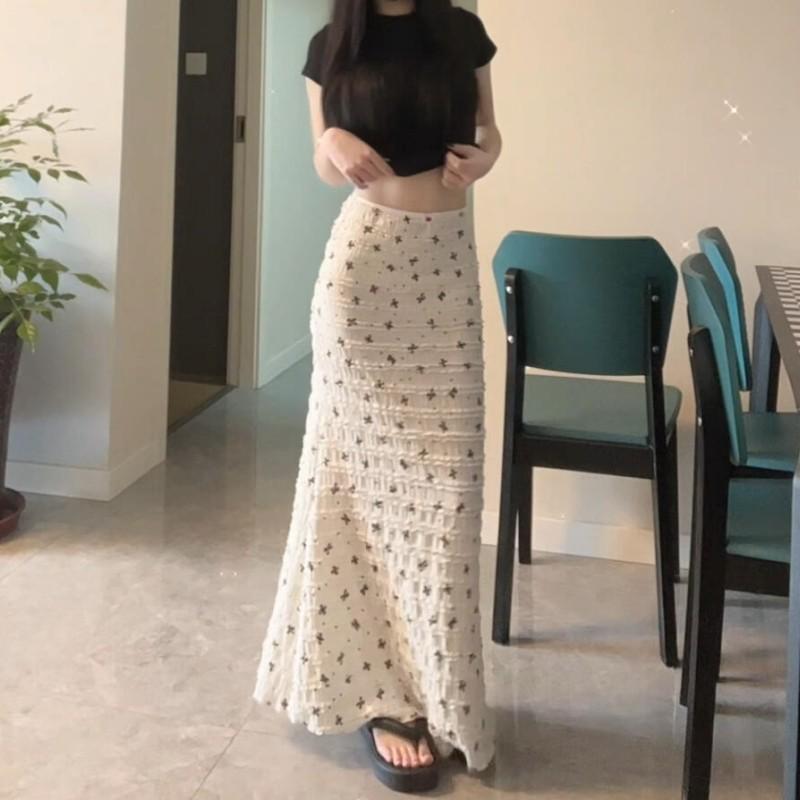 Women's White Floral Fishtail Midi Skirt - Korean-Style Hip-Hugging Design for 175-180 cm Tall Individuals