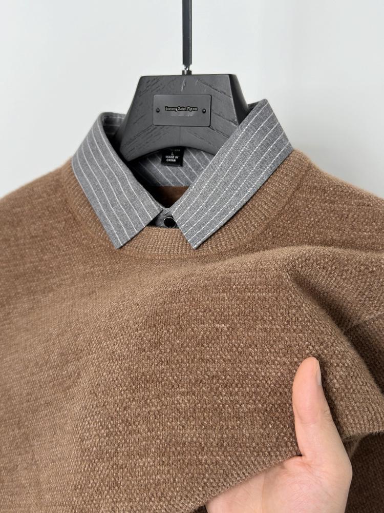 Velvet Men s Thick Plush Sweater with Faux Layered Look and Knitted Collar – Winter Warm M (Weight 95-120 Jin)
