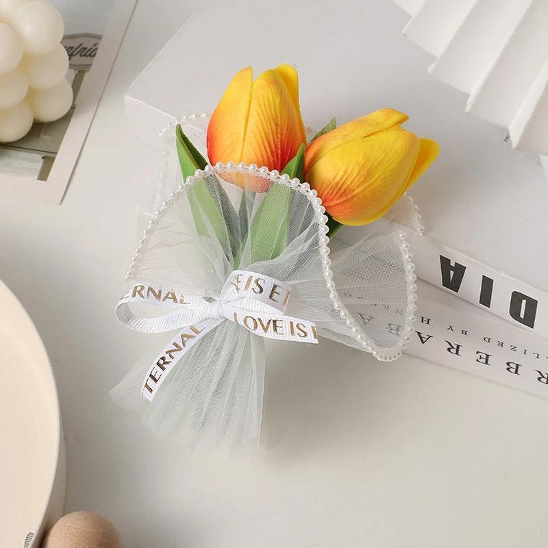 1PC Creative Room Decor Pearl Mesh Fake Flower Bouquet Mini Tulip PU Mini Artificial Flower Bouquet Handicraft Gift Gift Decor