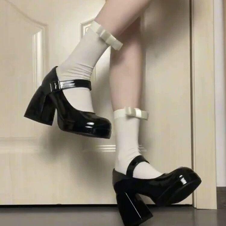 Thin Strap Round Head Shallow Mouth Single Shoes New College Style Thick Sole Small Leather Shoes Women Wear Thick Heel High Heels