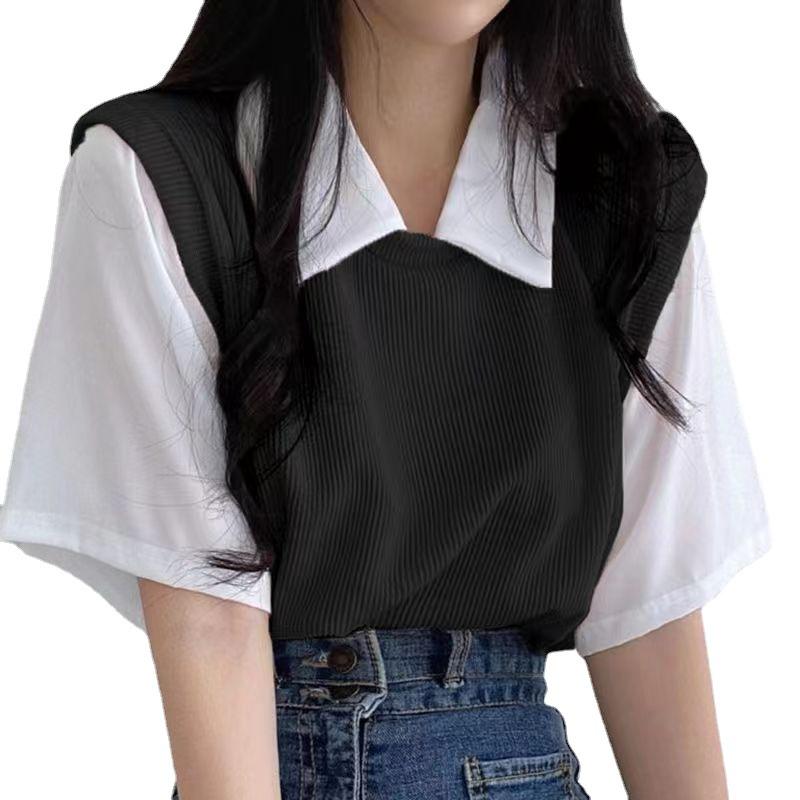 2024 Women's Summer Polo Lapel Two-Piece College Style Contrast Short-Sleeve Loose Casual Top