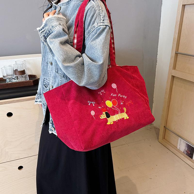 Casual Cute Embroidered Puppy Shoulder Bag Large Capacity Tote Bag Autumn and Winter New Corduroy Plaid Dual-purpose Bag Women