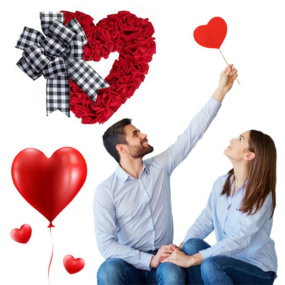Artificial Heart Wreath with Bows Heart Love Flower Garland Wall Hanging Sign for Valentine's Day Front Door Wedding Party Decor