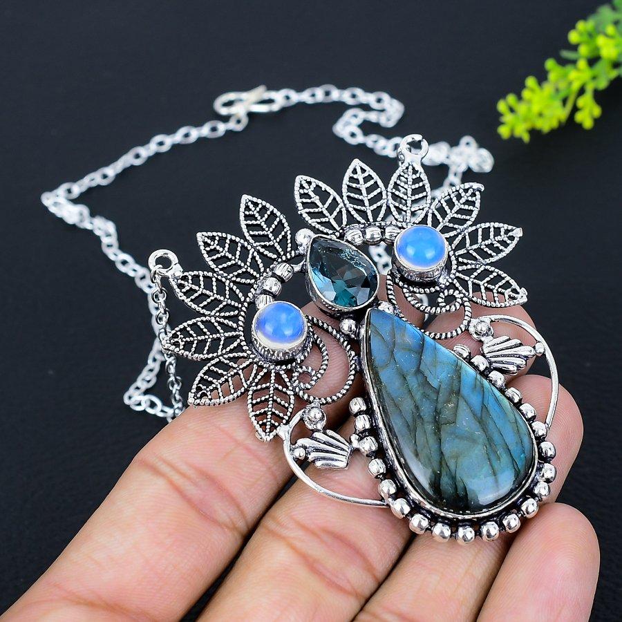 Labradorite, Opal Handmade 925 Sterling Silver Jewelry Necklace 18" Z4B69