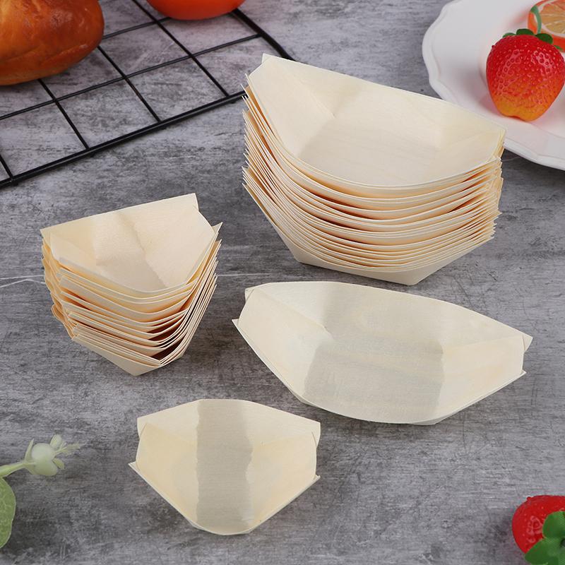 50Pcs Wood Boats Plates Sushi Salad Dessert Bowl Wood Serving Bowl Disposable Sushi Serving Trays Sushi Boat Plates