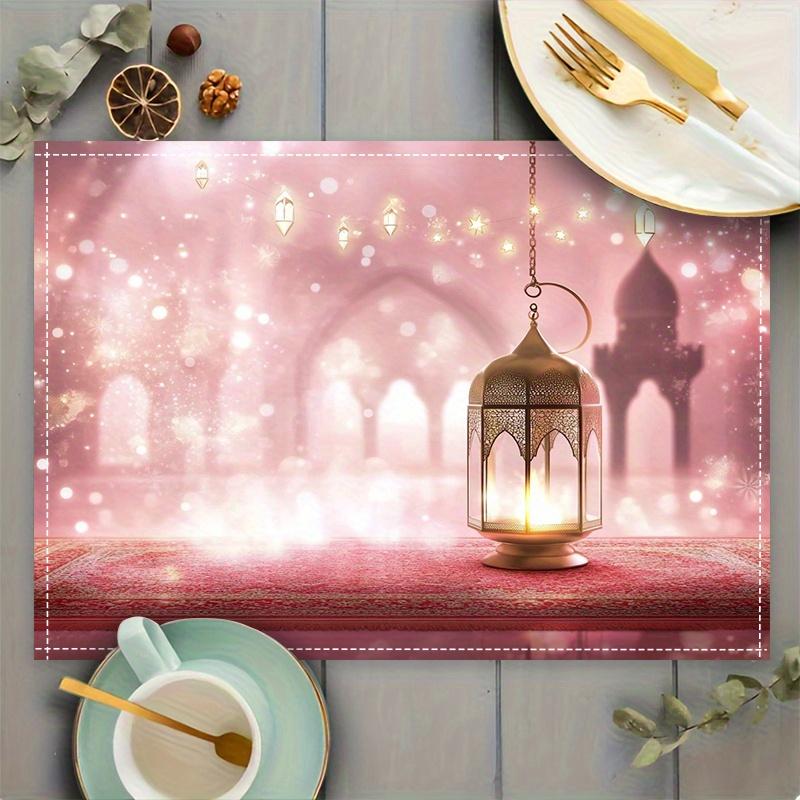 

6PC Ramadan Table Mats - Vintage Floral Lantern Design, Pink & Golden Linen Placemats for Luxury Dining 6PC 30X45cm