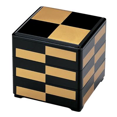 Wakaizumi Jubako Black and Gold Checkered 3 Lacquerware, 6.5-inch Box, (Black Interior), Deep, Tiers, H-157-8A