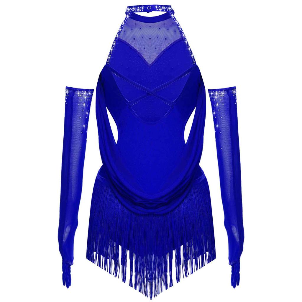 Girls Ruched Mesh Drapes Cutout Tassel Glittery Rhinestones Leotard Mesh Gloves Latin Dance Costume