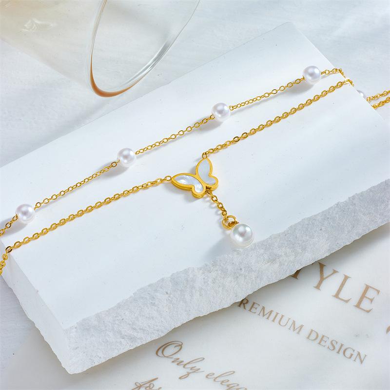 Gold Butterfly Pearl Double Layer Anklet Delicate Foot Chain Anklet for Women Summer Beach Jewelry