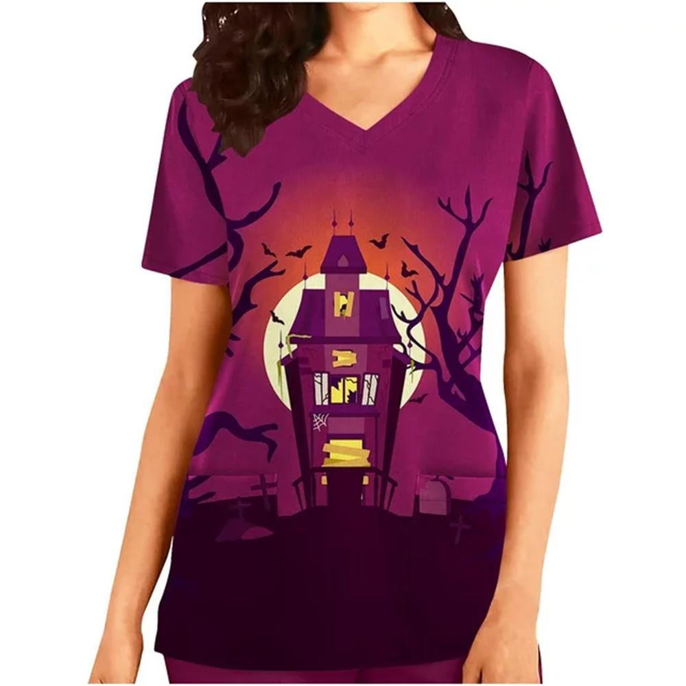 Surgical Uniforms Woman Halloween Prints Curable Nurse Tops Casual V-Neck Short Sleeve Patch Pocket Tees Nurse Uniform Woman