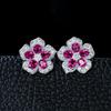 S925 Sterling Silver Women's Red Ruby Five-Petal Flower Stud Earrings with Full Diamond Accents – Perfect for Commuting, Banquets, and Anniversaries.