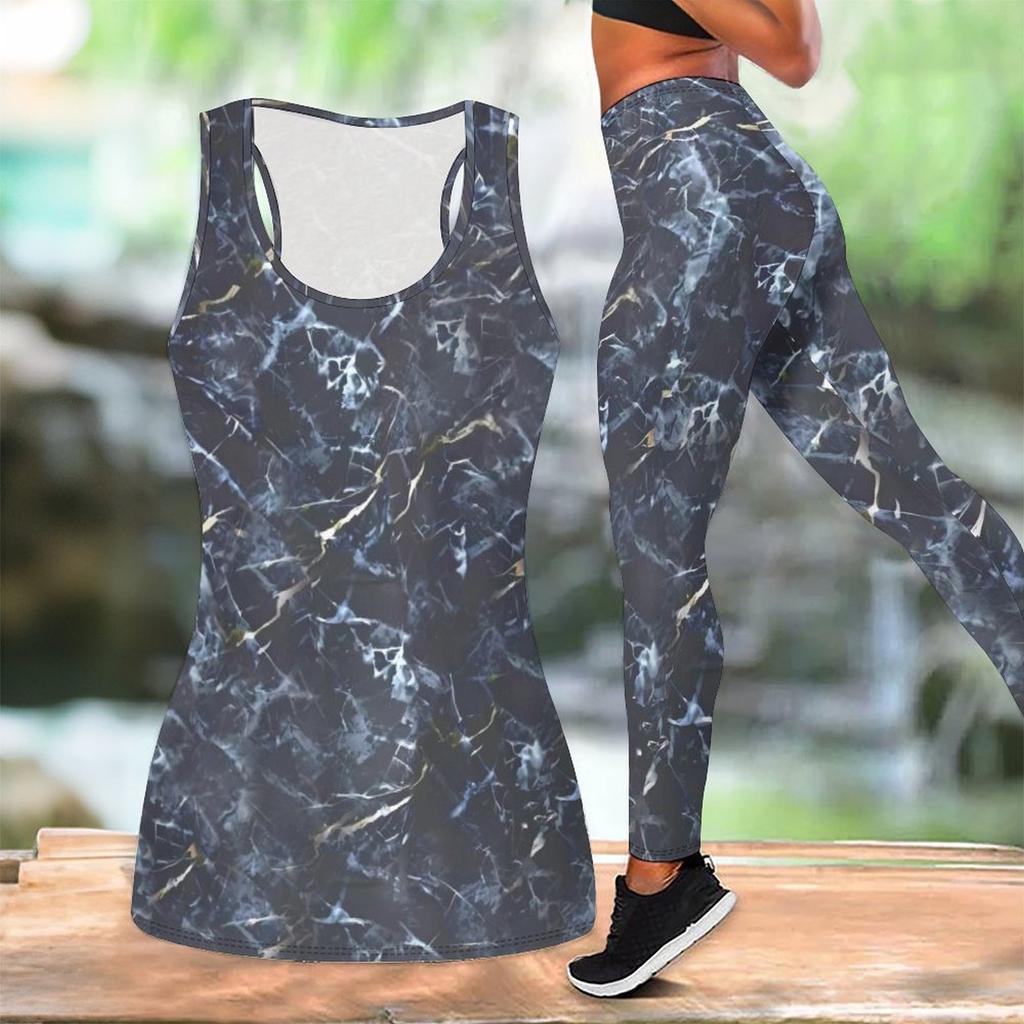 Marble Veining Printed Yoga Outfit for Women Fashion Workout Leggings Fitness Sports Casual Yoga Set Sports Suit