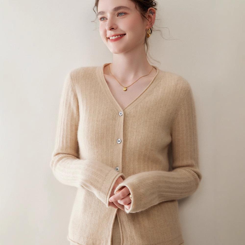 Women's Ribbed V-Neck Cashmere Cardigan - Long Sleeve, Loose Fit, Casual Base Layer Sweater.