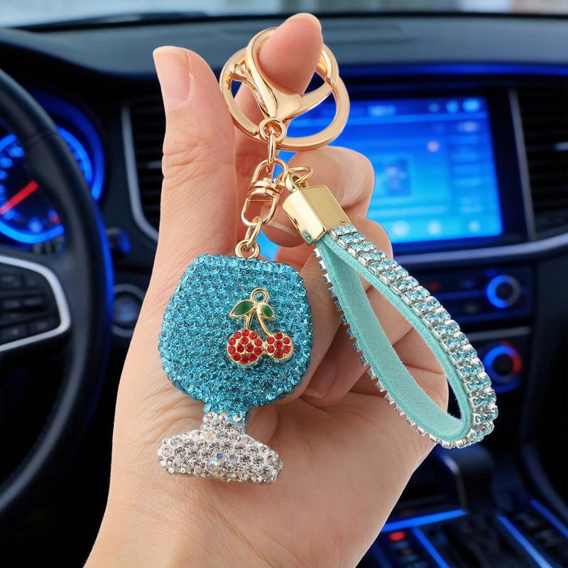 Shining Diamond Inlay Glass Cup Key Chain Car High-End Key Ring Lady Bag Delicate Pendant Ornaments Jewelry