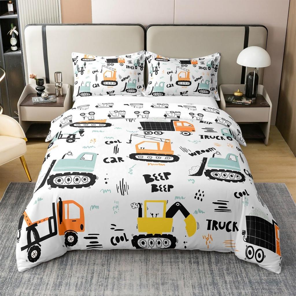 Cartoon Camping Excavator Duvet Cover Set King Size Luxury Truck Bedding Set Camping Essentials 3 Piece Set With 2 Pillowcases