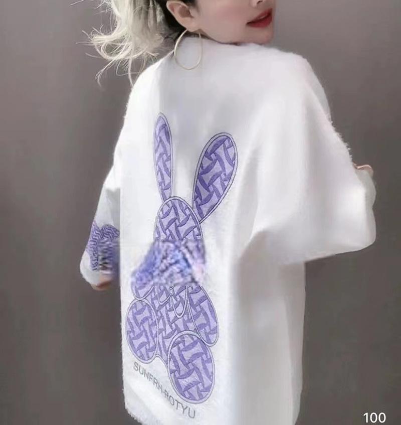 European-Style Faux Mink Hooded Rabbit Sweater for Women - Fashion-Forward, Long-Sleeved, Autumn/Winter, Soft and Comfortable with Stylish Print.