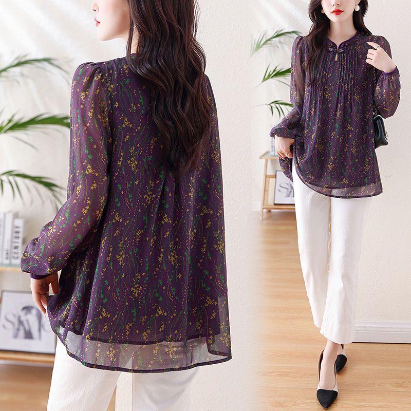 Plus Size Spring Summer Elegant Floral Printed 3/4 Sleeve Blouse Female Loose Casual All-match Shirt Women Chiffon