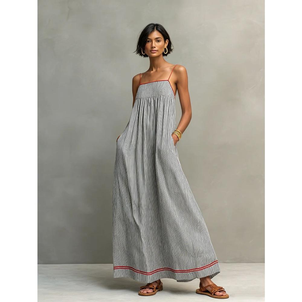 Women's Striped Spaghetti Strap Maxi Dress Loose Casual Sleeveless Long Dress with Pockets