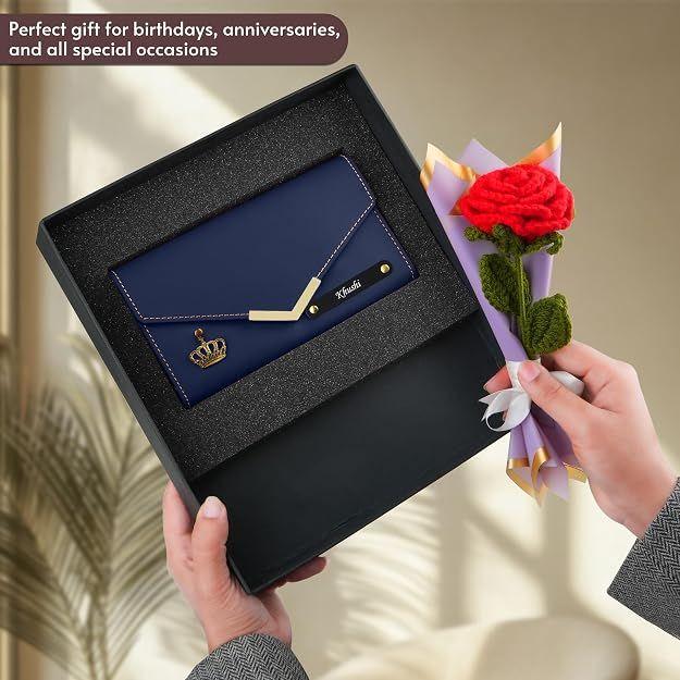 The Wallet Store Personalized Clutch & Artificial Rose Bouquet Hamper With Personalised Note
