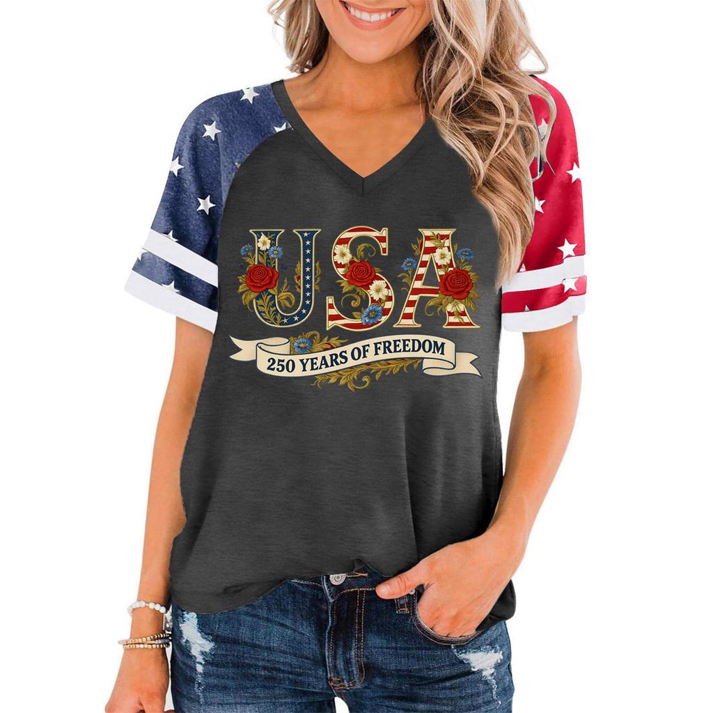 Women V Neck Short Sleeve Pullover T Shirt USA 250 Years Of Freedom Graphic Print Casual Top Patriotic Style