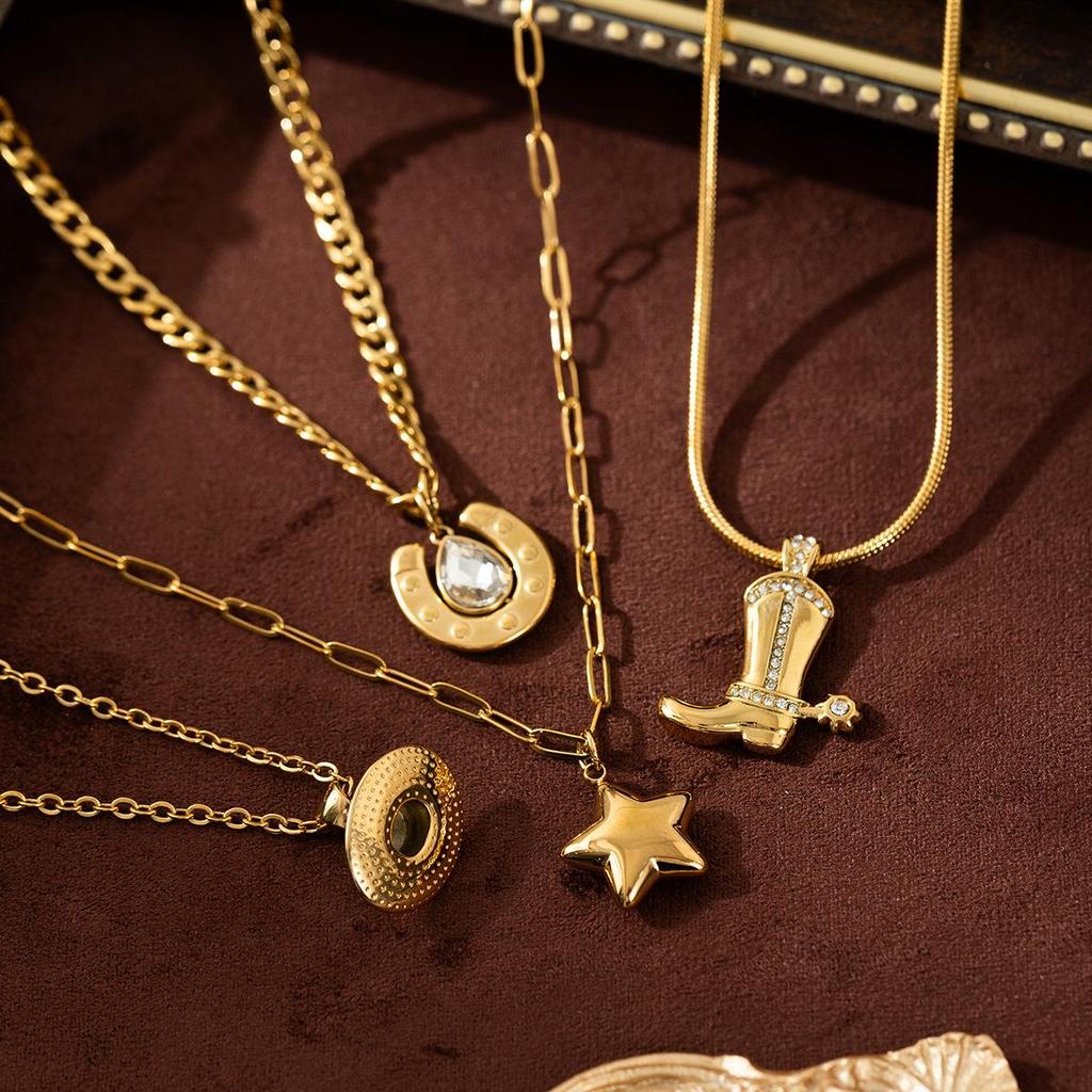 Stainless Steel Retro Cowboy Boots & Horseshoe Necklace with 18K Gold Electroplating