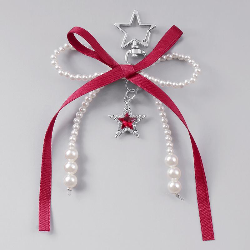 

Жемчужный брелок-бантик, бриллиантовая звезда, подвеска для телефона с лентой, брелок для ключей, ювелирное украшение, кулон для девушки, женщины, подарок, украшение для сумки красный