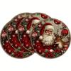 4pcs/6pcs Vintage Christmas Round Placemats, Washable Linen Table Mats Featuring Santa, Reindeer, Red Ornaments, and Poinsettias, Ideal for Kitchen Ta