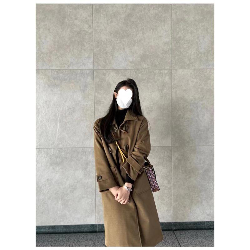 Horn Button Woolen Coat Women's Autumn and Winter Woolen Coat Petite Hepburn Style