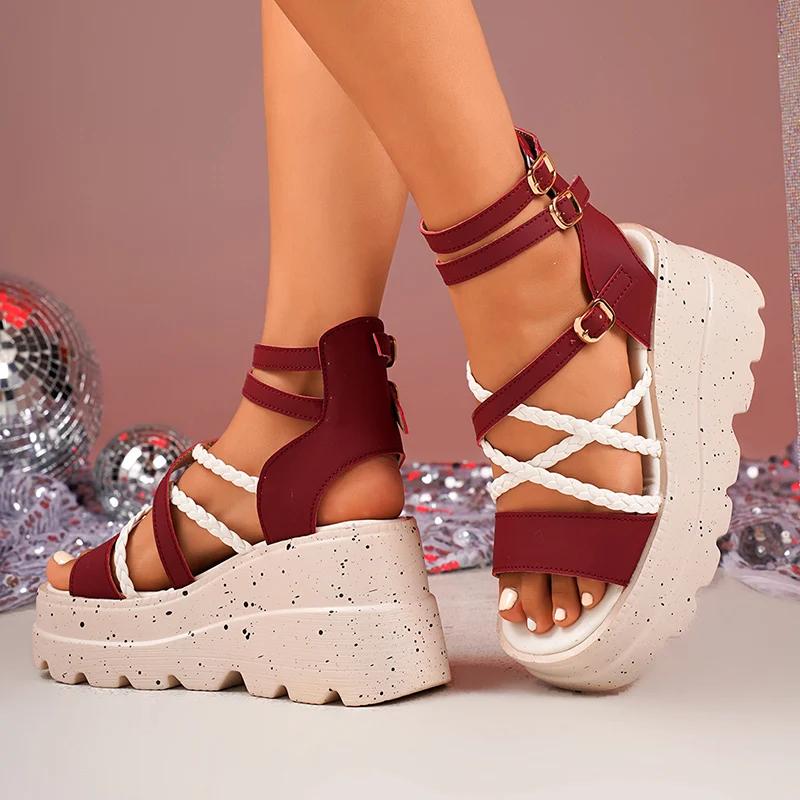 Fashion Cross Band Chunky Platform Sandals Women 2025 Summer Thick Sole Wedges Rome Sandles Woman Super High Heel Gladiator Sandalias 43