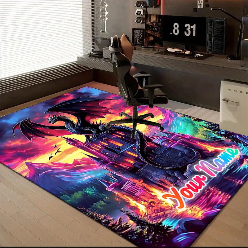 1PC Custom Name Dragon Castle Fantasy Theme Floor Mat Ideal for Living Room, Game Rooms, Office, Bedroom,Floor Mat Playful Design