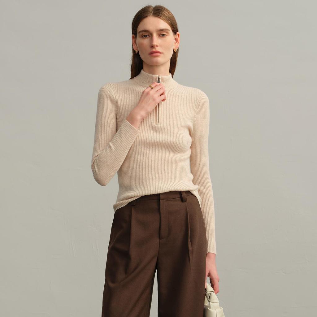 Women's Half-Zip Slim-Fit Cashmere Sweater - Half-High Collar, Warm Knitwear for Autumn & Winter