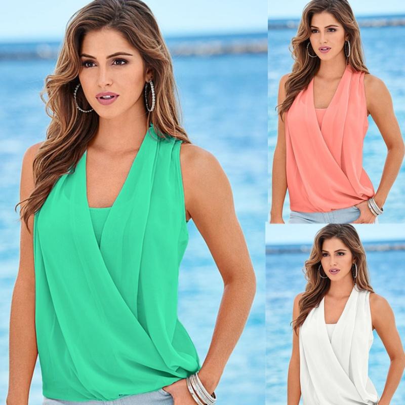 

Женская модная летняя шифоновая блузка без рукавов с v-образным вырезом, однотонная рубашка S розовый