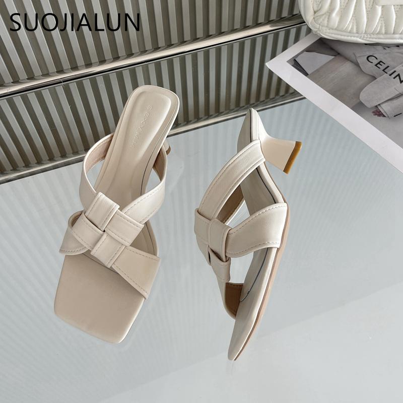 Fashion SUOJIALUN 2025 Summer New Brand Women Slipper Fashion Square Toe Slip On Ladies Slides Square High Heel Dress Sandal Shoes
