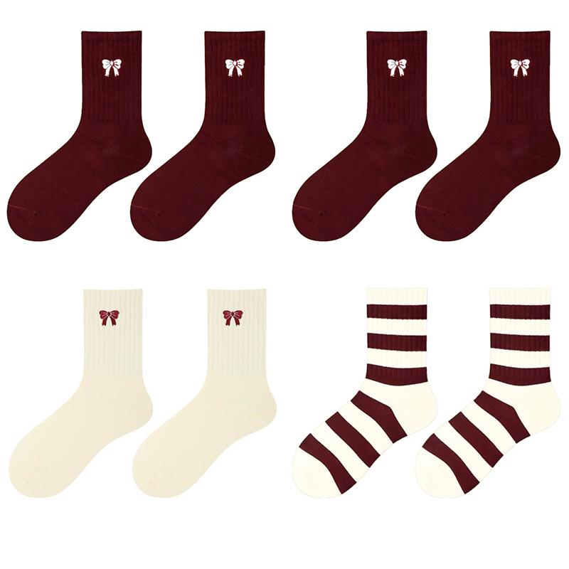 Ancora Women's Mid Tube Pure Cotton Socks Korean Style Bow Embroidery  Warm Breathable Festive New Year Girls Socks