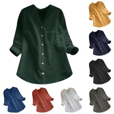 Pocket Stand Up Collar Short Sleeved Cotton Linen Casual Loose Printed Cardigan Shirt Long Sleeved