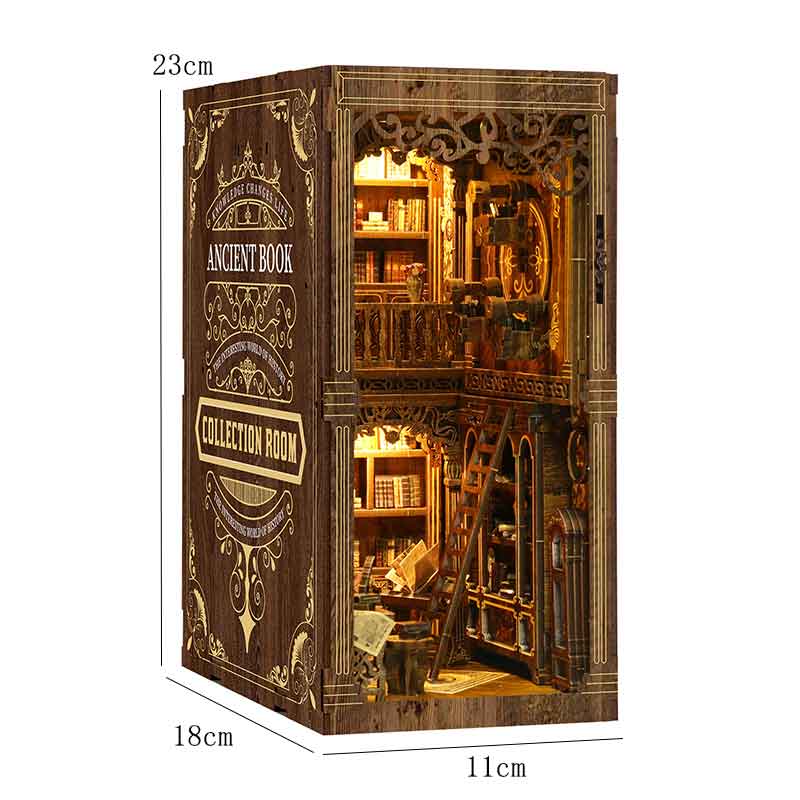 Drewniany Mini Domek dla Lalek DIY Zestaw Book Nook Model do Złożenia Puzzle 3D Podpórka do Książek Zabawki Dekoracja Wkładka na Półkę na Książki ze Światłem LED Prezenty Świąteczne