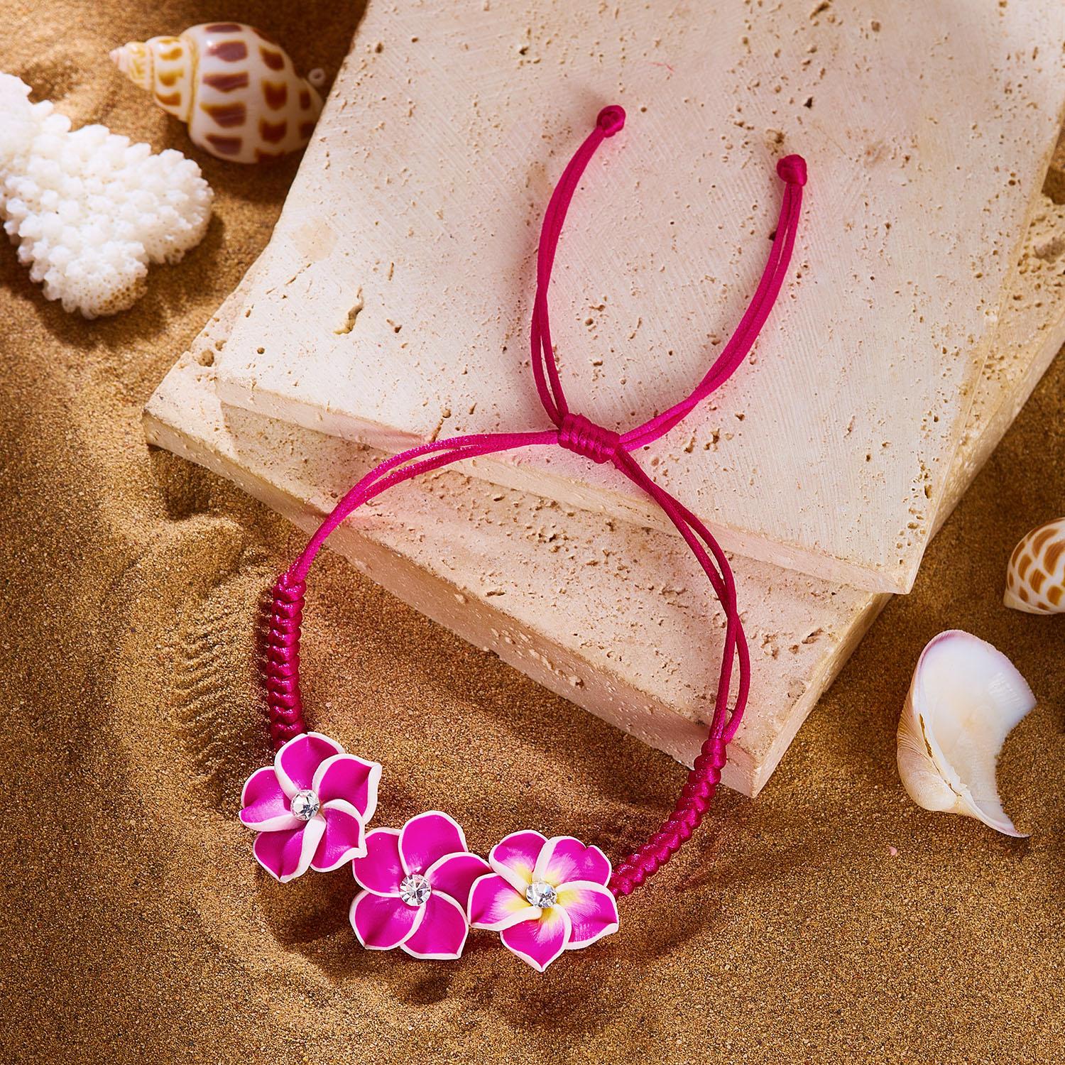 

Y2K Aesthetic Plumeria Flower Bracelets for Women Handmade Braided Clay Floral Charm Bracelets Summer Beach Vacation Jewelry