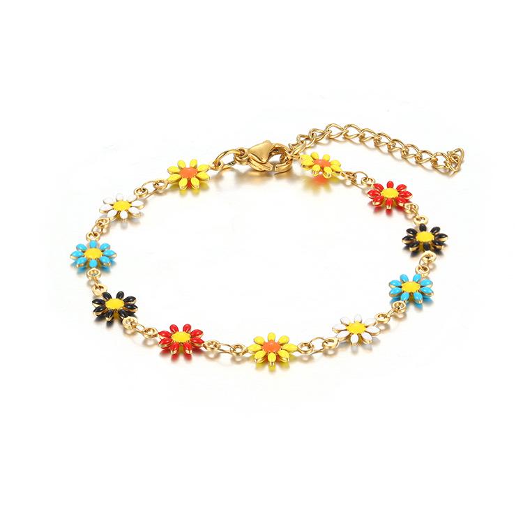 2024 Titanium Steel 18K Gold Daisy Necklace & Bracelet Set - White/Colorful Chain