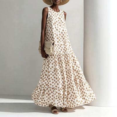 French Retro Polka Dot Sleeveless Chiffon Long Dress Round Neck Loose Pendulum Beach Vacation Cake Dress Summer