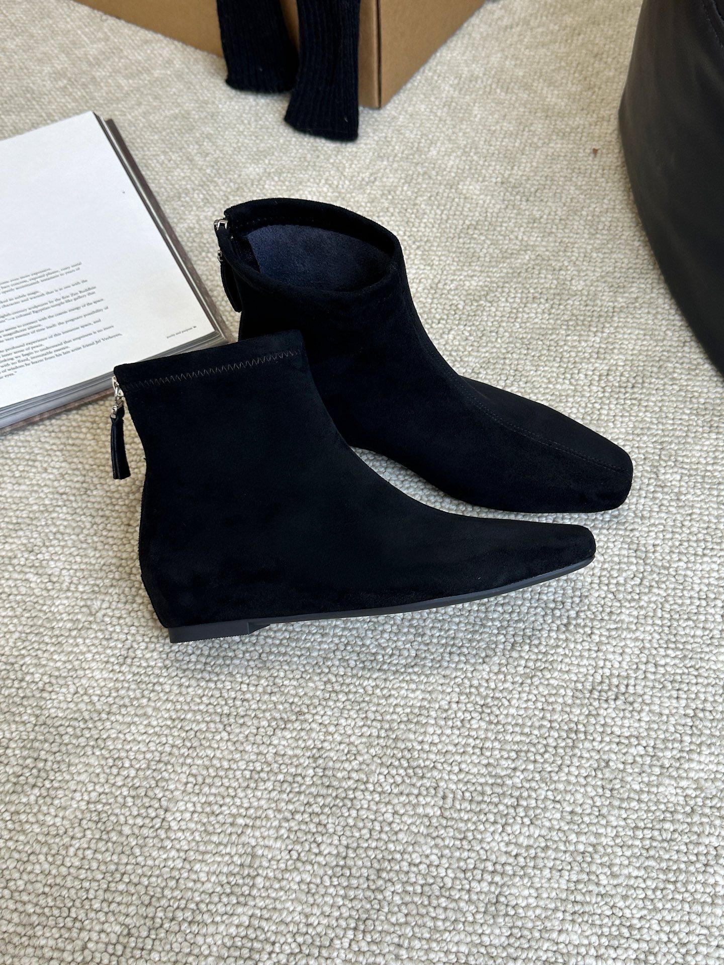 

Flat bottom thin boots women s 2025 autumn and winter new square head elastic bare boots suede Martin boots velvet leather short boots 35