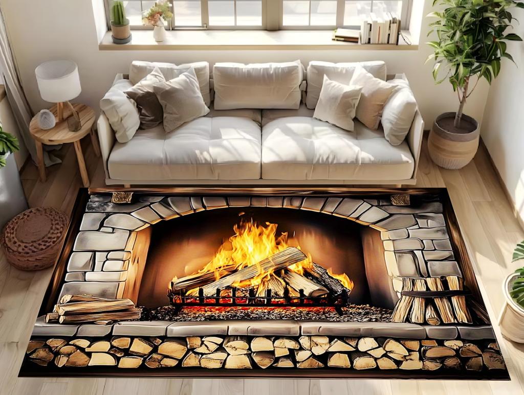 Carpet Mat Non-Slip 3D Stone Flame Illusion Area Rug Non-Slip Backing for Living Room Bathroom Camping Floor Mat Home Decor Mat